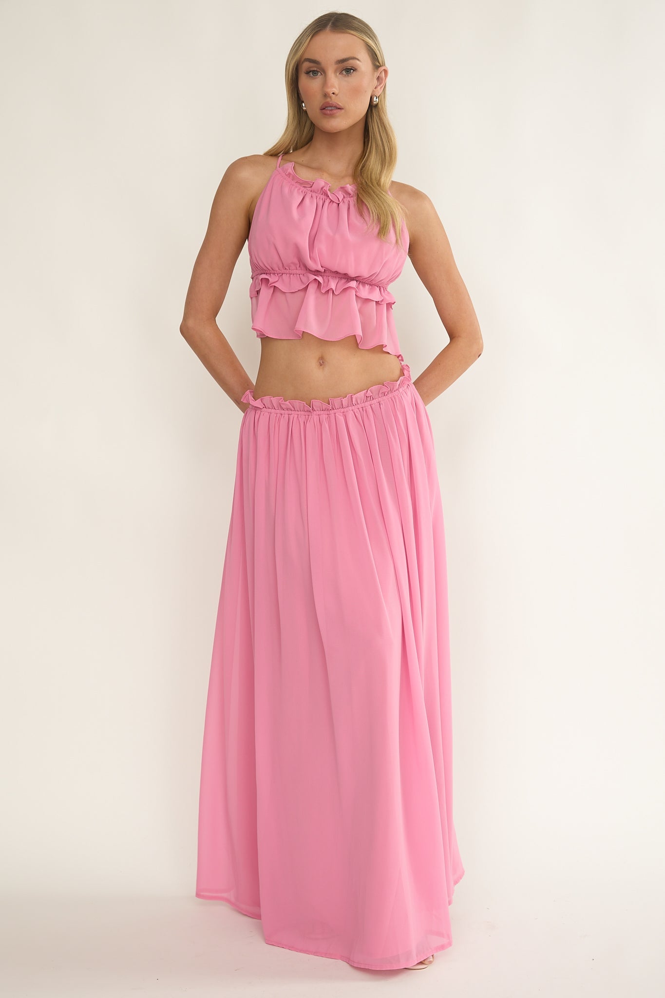 Marivelle Frill Trim Maxi Skirt Pink