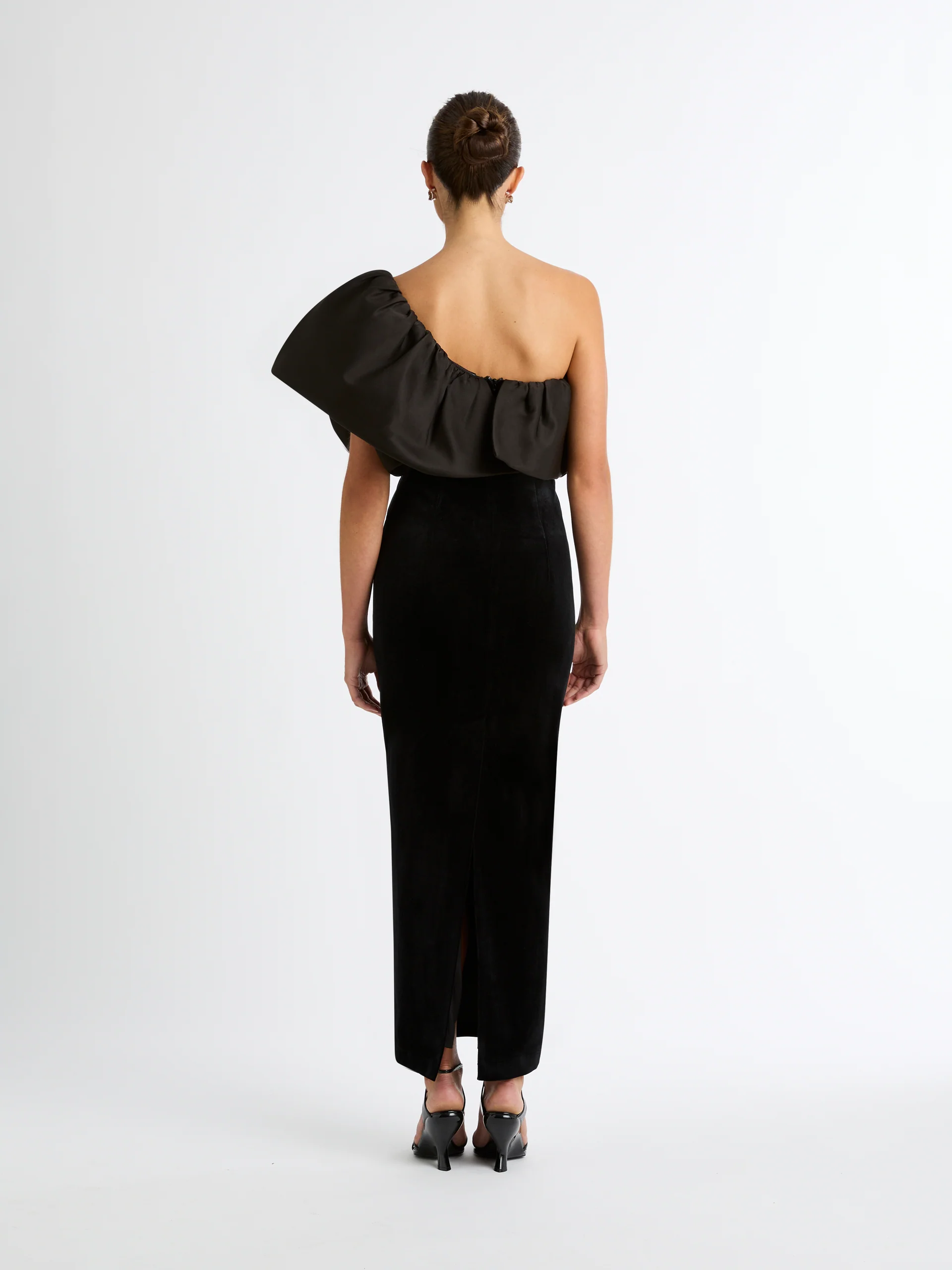 Black Velvet One-Shoulder Oversized Ruffle Gown