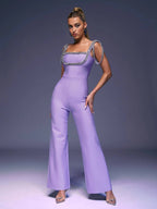 Crystal-Embellished Square Neck Wide-Leg Jumpsuit (Black & Purple)