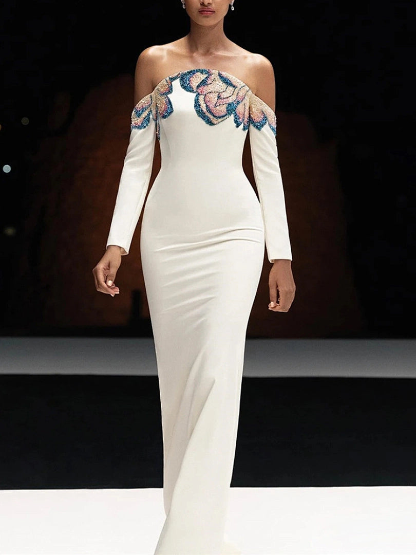 Navy Blue Satin Mermaid Evening Gown with Beaded Detailing