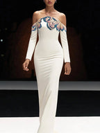 Navy Blue Satin Mermaid Evening Gown with Beaded Detailing