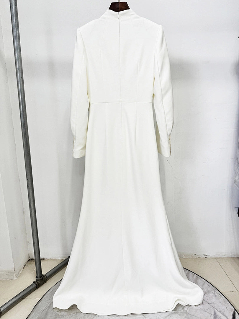 Navy Blue Satin Evening Gown with Crystal Embellishments & Sweetheart Neckline