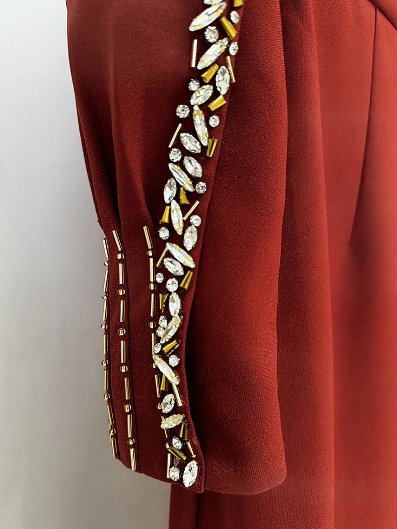 Navy Blue Satin Evening Gown with Crystal Embellishments & Sweetheart Neckline