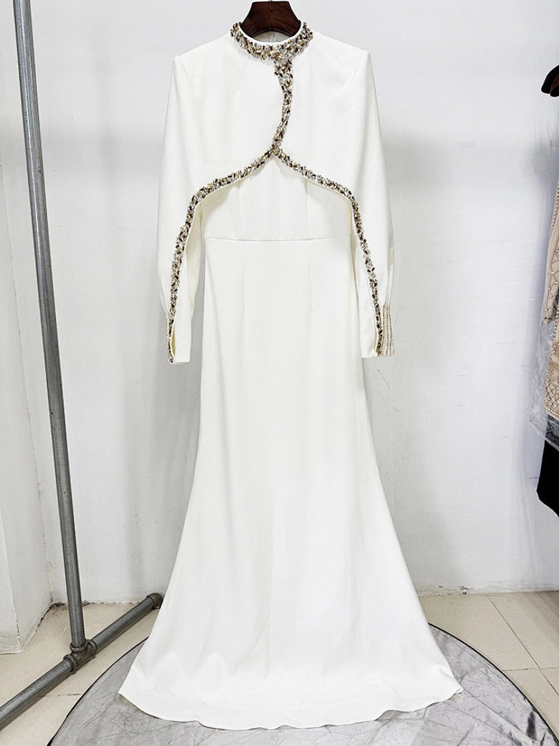 Navy Blue Satin Evening Gown with Crystal Embellishments & Sweetheart Neckline