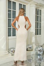 Ivory Halter Neck Pearl-Embellished Mermaid Gown