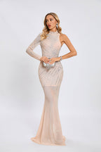 One-Shoulder High-Neck Sequin Mermaid Gown