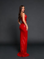 Luxury Red Sequin Spaghetti Strap Twist Front Slit Evening Gown
