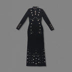 Turtleneck Embellished Slim-Fit Maxi Gown (Black/White)