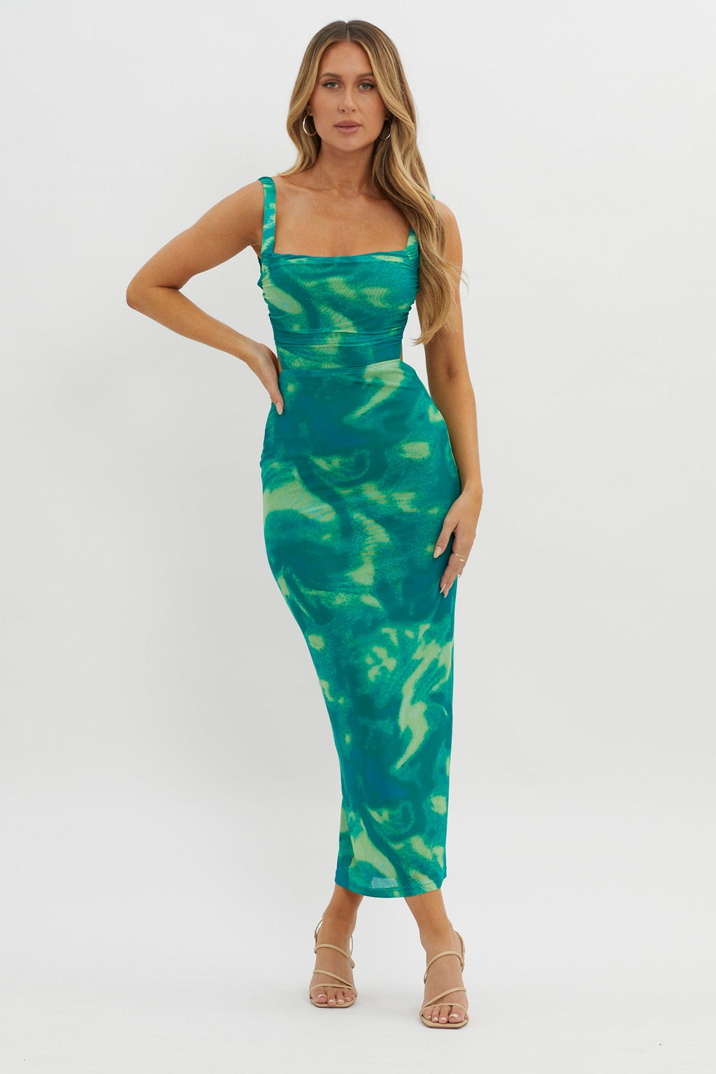 Dream Crush Lace-Up Back Side Split Maxi Dress Swirl Green