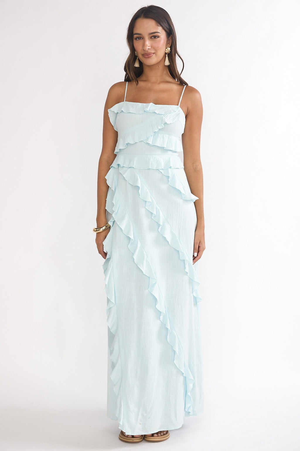 Arrabel Ruffle Split Maxi Dress Blue