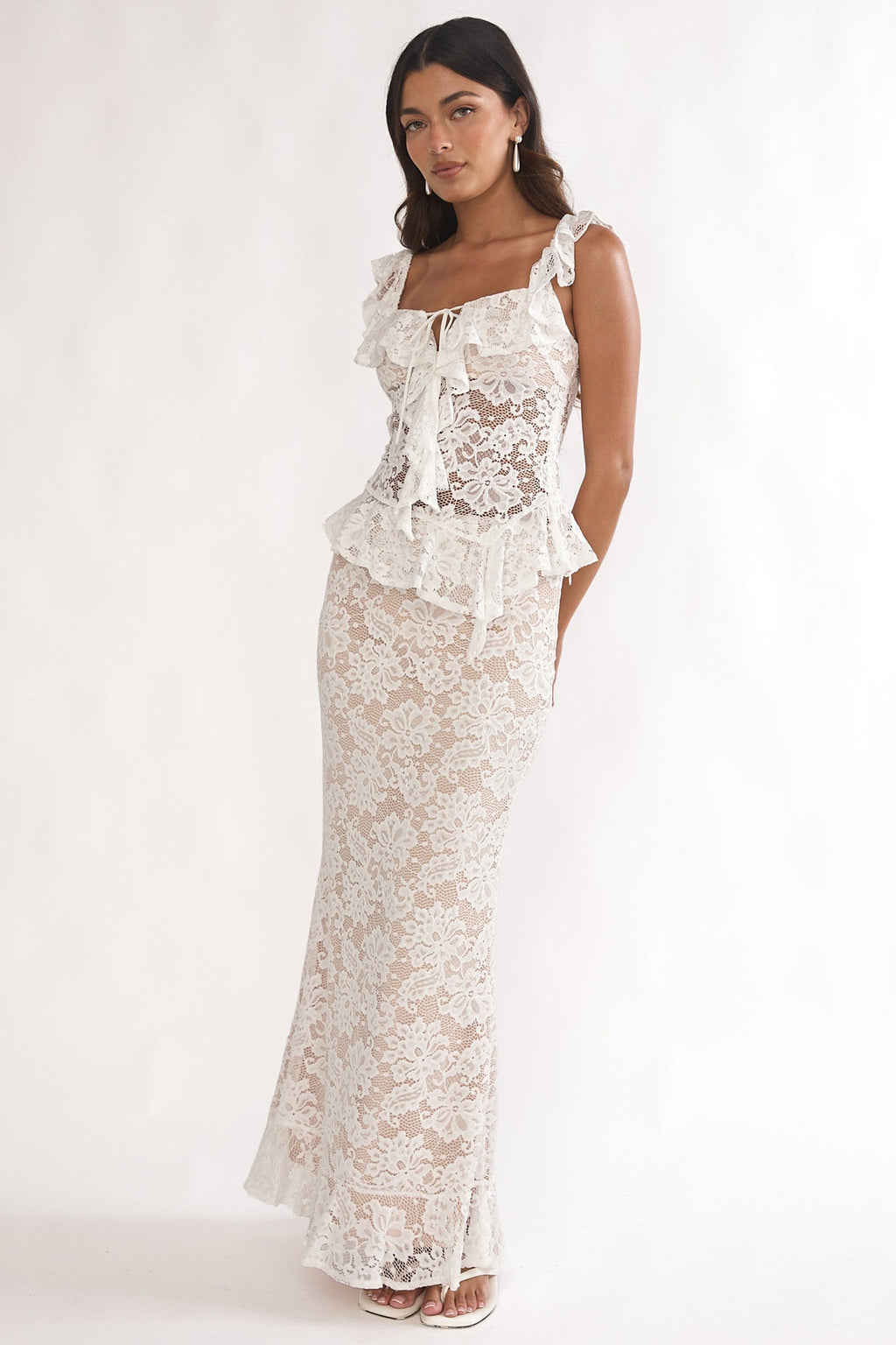 Kelina Ruffle Trim Lace Top White