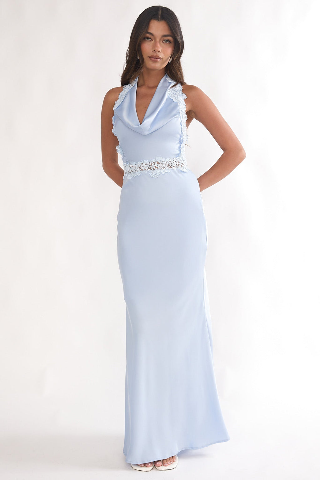 Scotlyn Applique Trim Halter Maxi Dress Blue