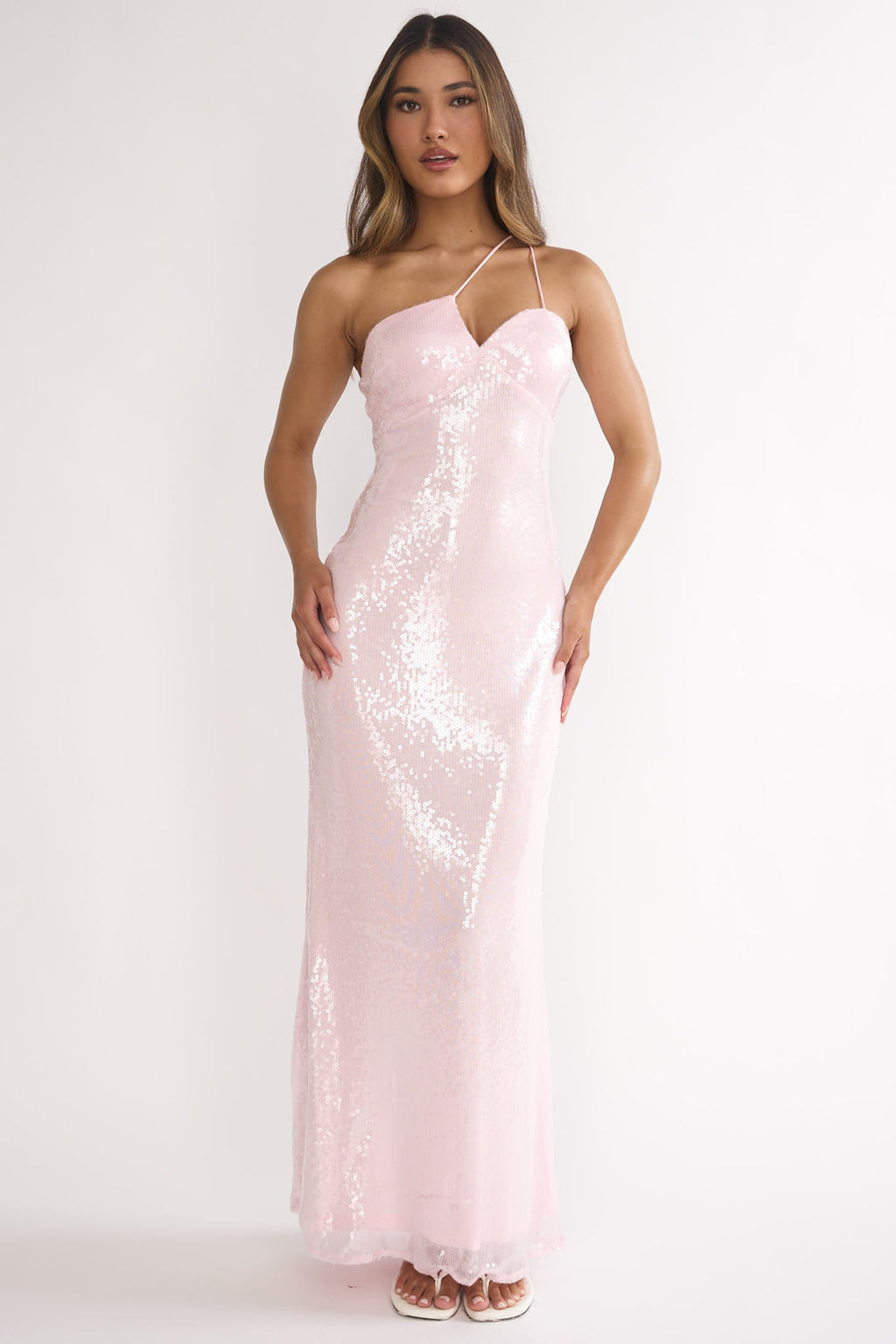 Roselyn One-Shoulder Sequin Maxi Dress Pink