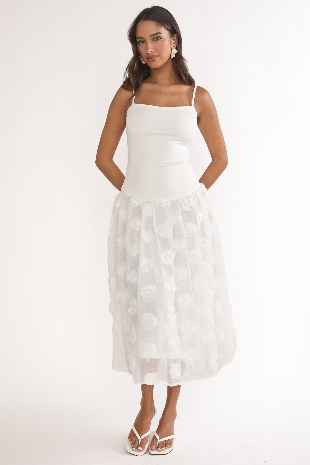 Adley Embellished Drop Waist Midi Dress White