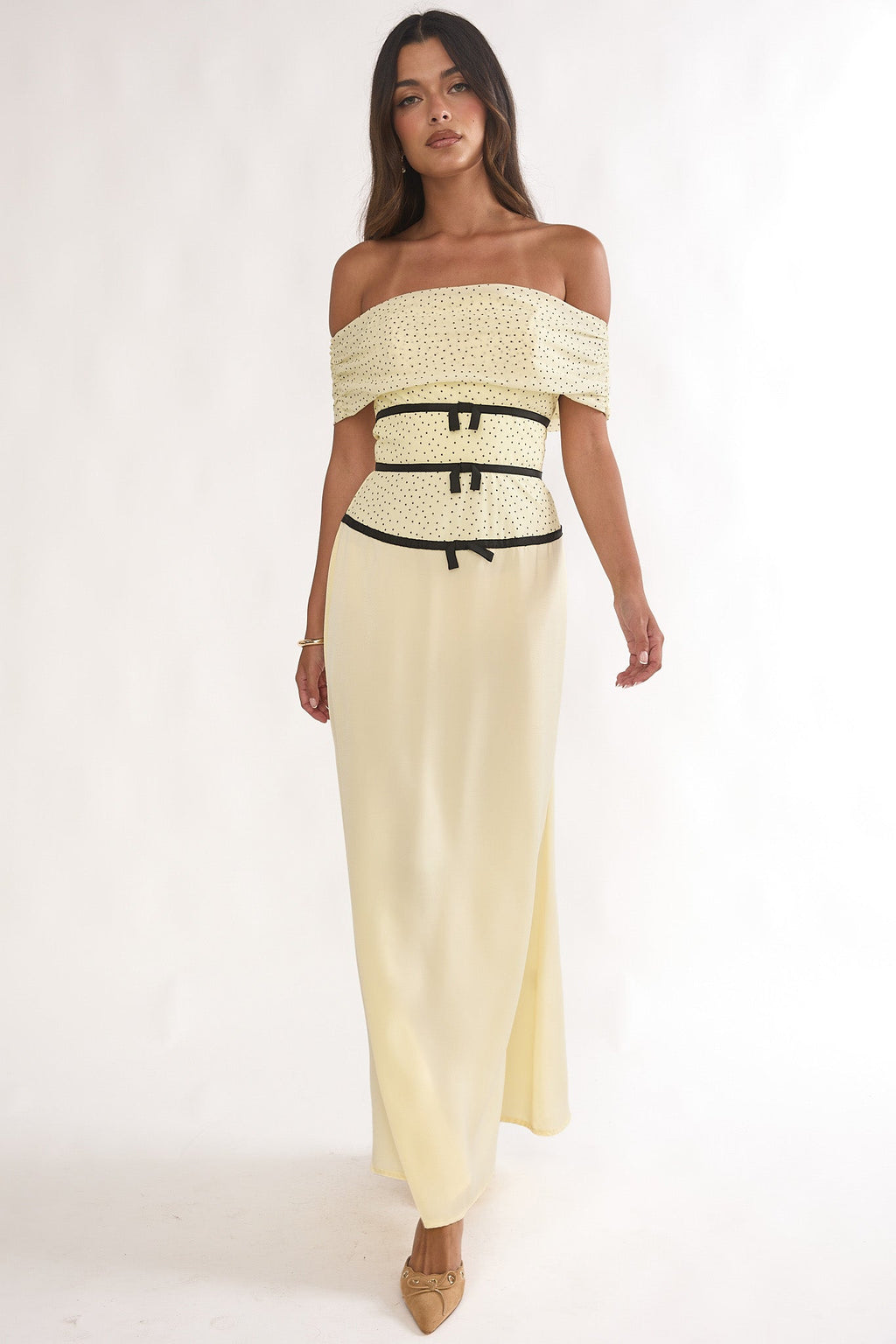 Begonias Off-Shoulder Bow Maxi Dress Spotted Lemon
