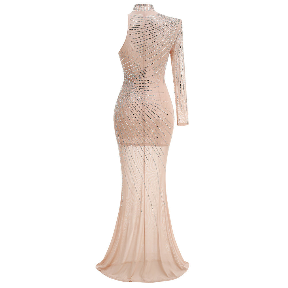 One-Shoulder High-Neck Sequin Mermaid Gown