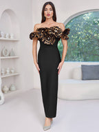 Black Off-Shoulder Leopard Ruffle Gown