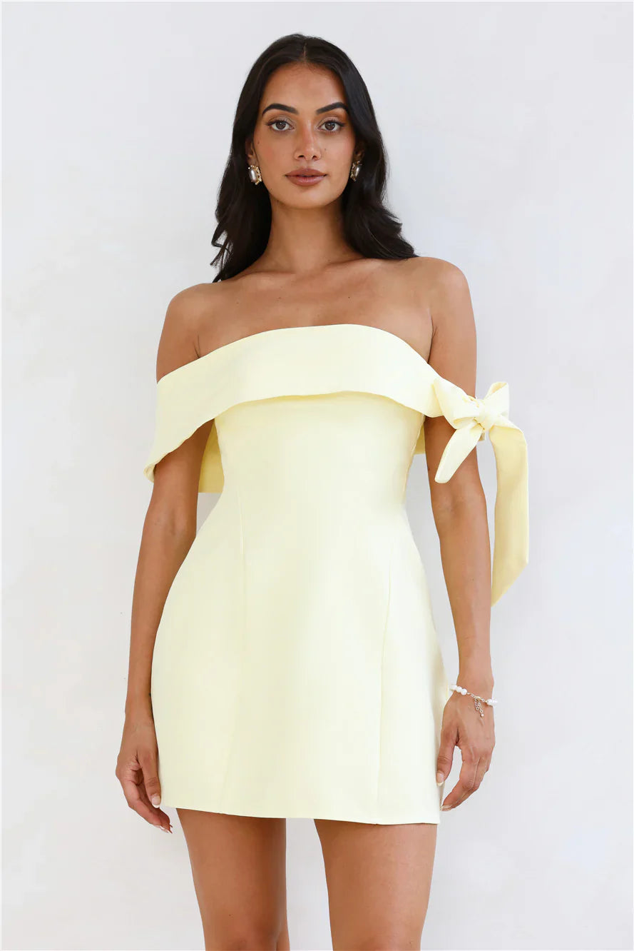 ladiesstreet Seashell Dream Off Shoulder Mini Dress Yellow Non-stretch Off-the-shoulder Zipper, hook eye closure Bridesmaid dresses