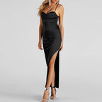 Satin slip dress with open back and side slit