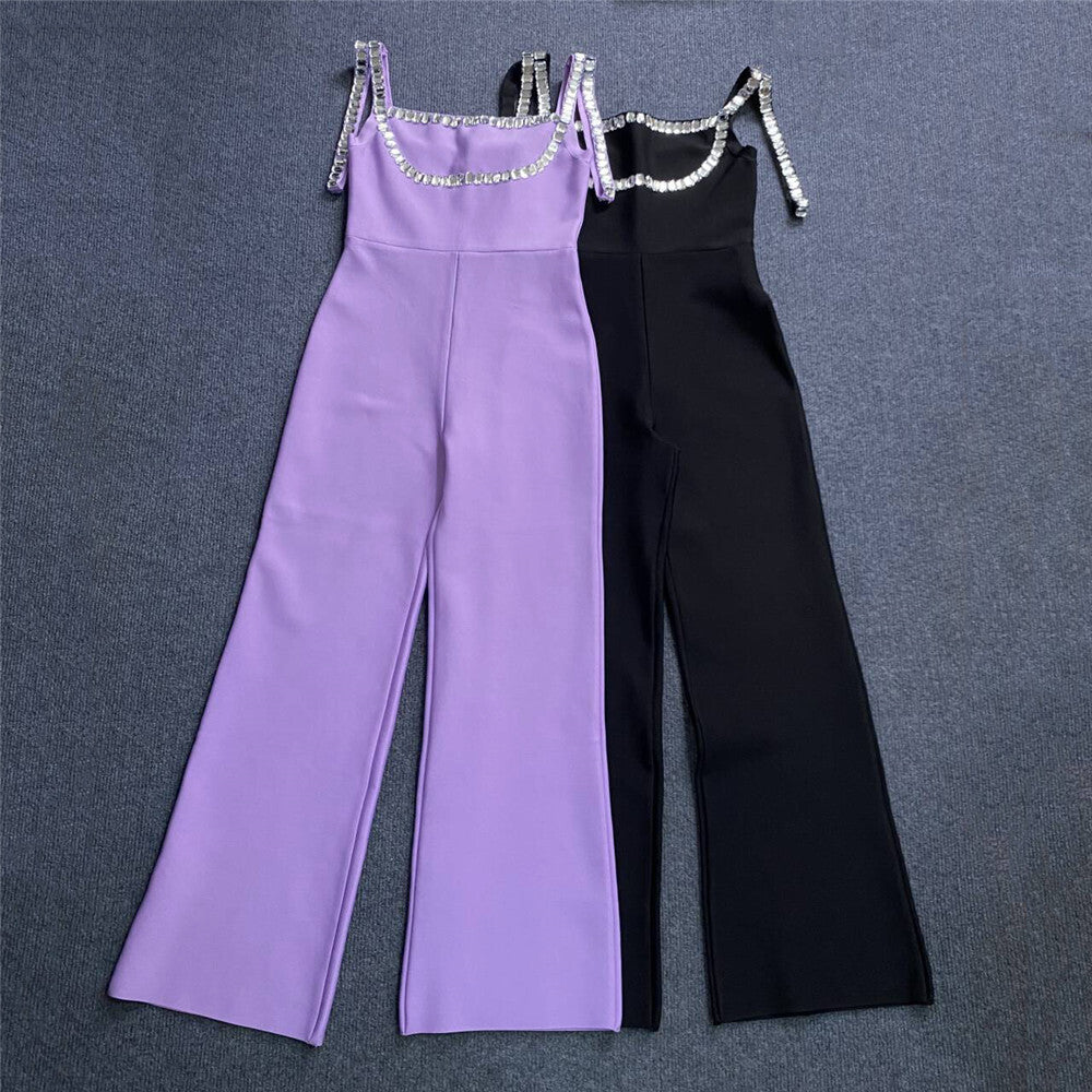 Crystal-Embellished Square Neck Wide-Leg Jumpsuit (Black & Purple)