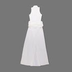 White Halter Neck Draped Waist Train Gown