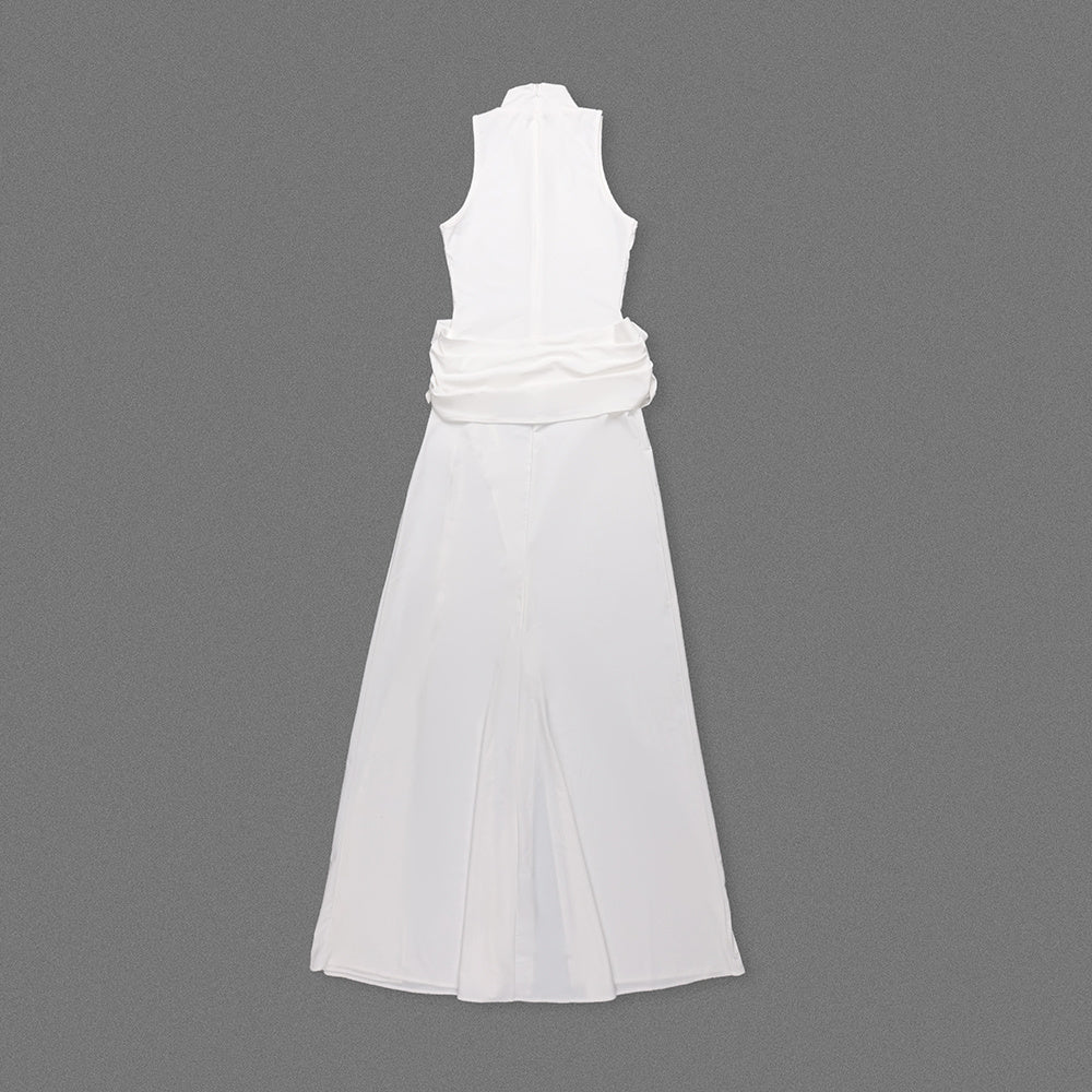 White Halter Neck Draped Waist Train Gown