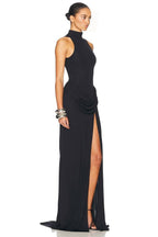 White Halter Neck Draped Waist Train Gown