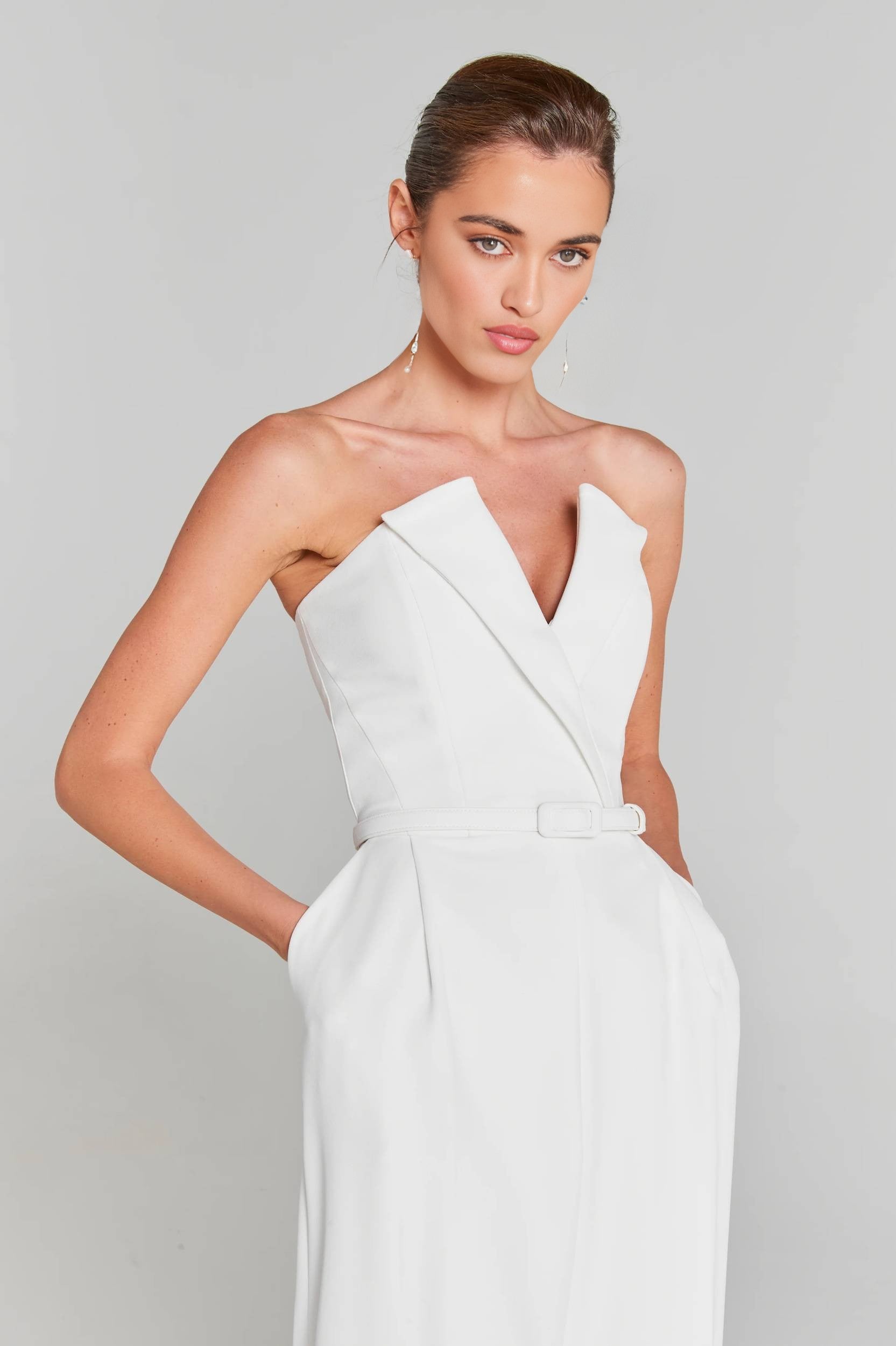 White Strapless Wide-Leg Jumpsuit with Pearl-Embellished Mesh Bodysuit Set