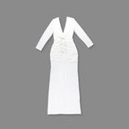 White long-sleeved deep V-neck pleated dress