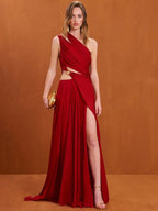 Crimson One-Shoulder Cut-Out Gown