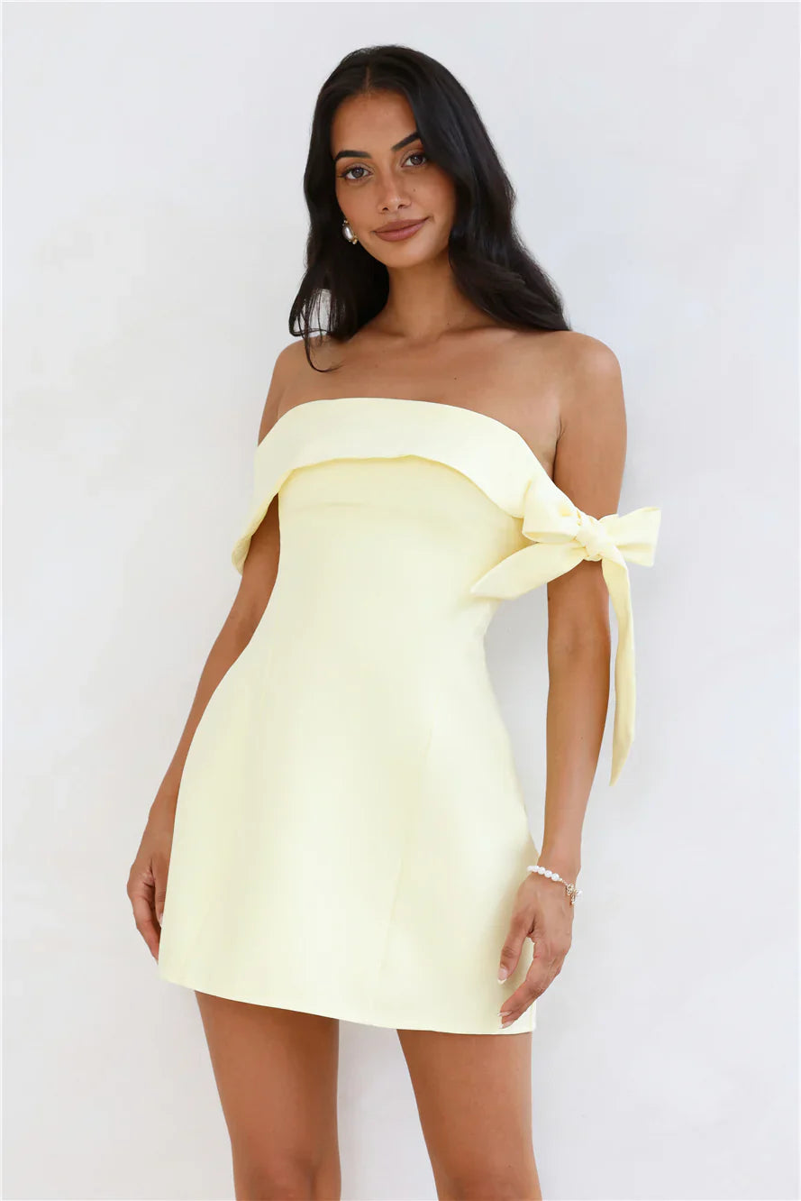 ladiesstreet Seashell Dream Off Shoulder Mini Dress Yellow Non-stretch Off-the-shoulder Zipper, hook eye closure Bridesmaid dresses