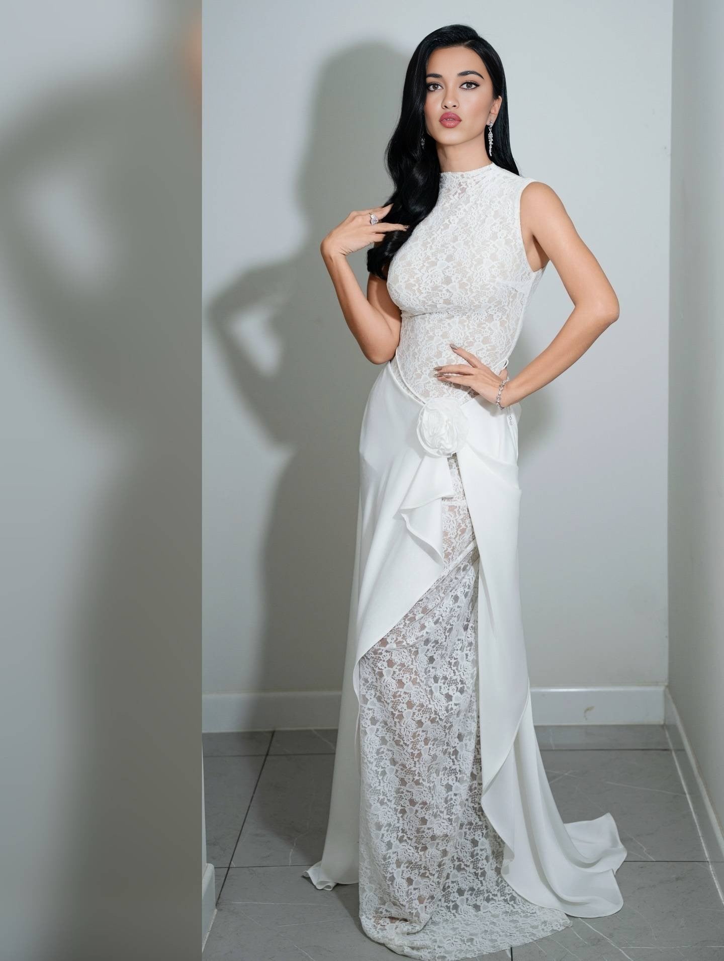 White Lace High-Neck Satin-Accent Evening Gown