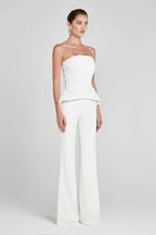 White Textured Rose Strapless Peplum Top & Wide-Leg Pants Set