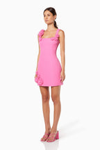 Pink 3D floral square-neck mini dress