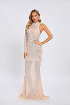 One-Shoulder High-Neck Sequin Mermaid Gown