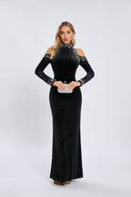 Black Velvet Cold-Shoulder Gown
