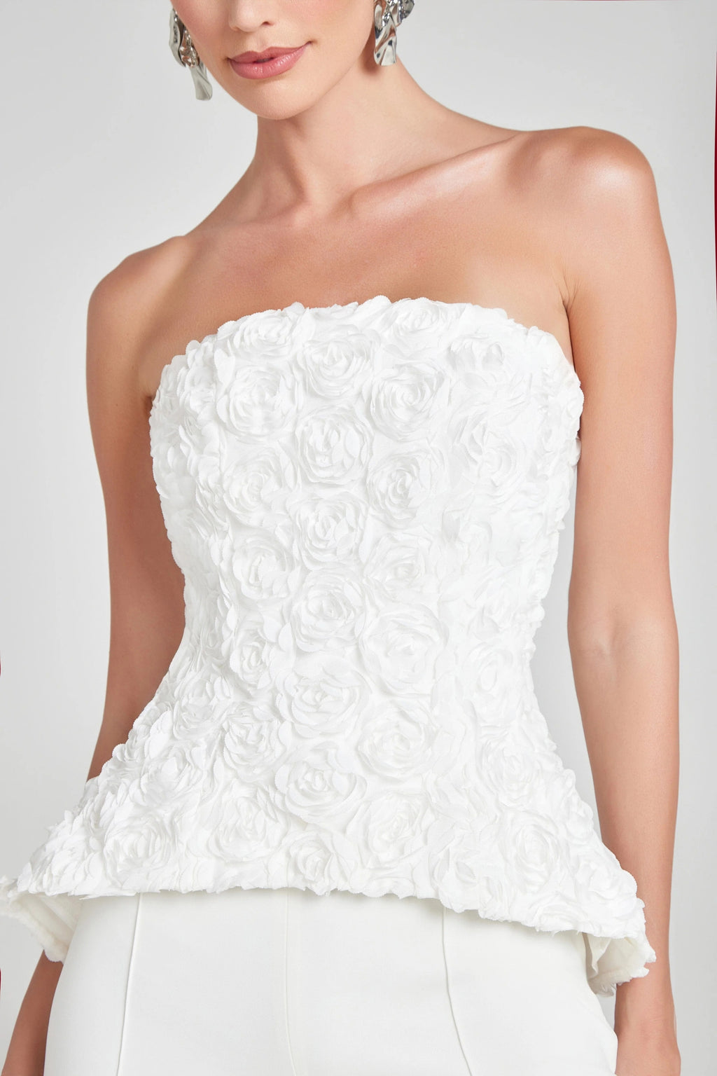 White Textured Rose Strapless Peplum Top & Wide-Leg Pants Set