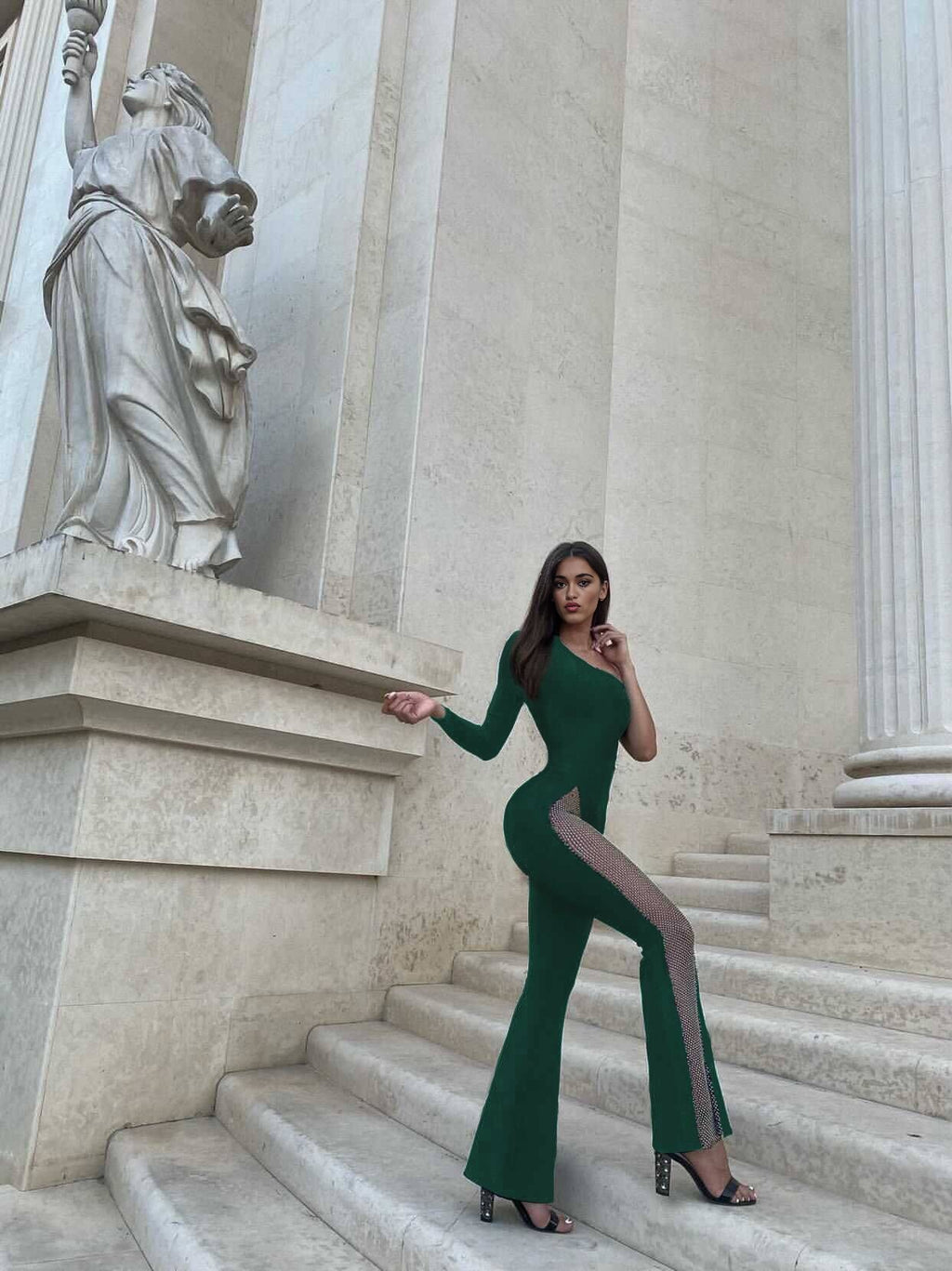 Luxury One-Shoulder Mesh Panel Flared Jumpsuit (Black/White/Red/Green)