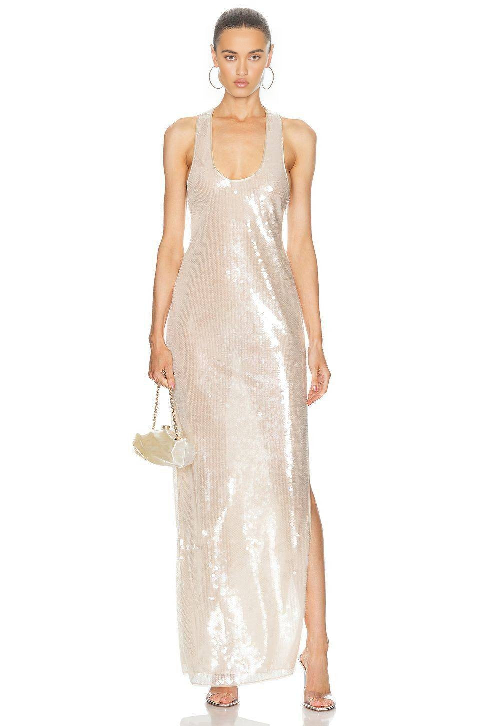 Champagne Sequin Halter Maxi Gown