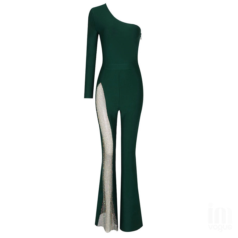 Luxury One-Shoulder Mesh Panel Flared Jumpsuit (Black/White/Red/Green)