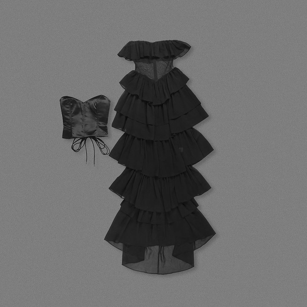 Vintage strapless satin corset-style tiered dress