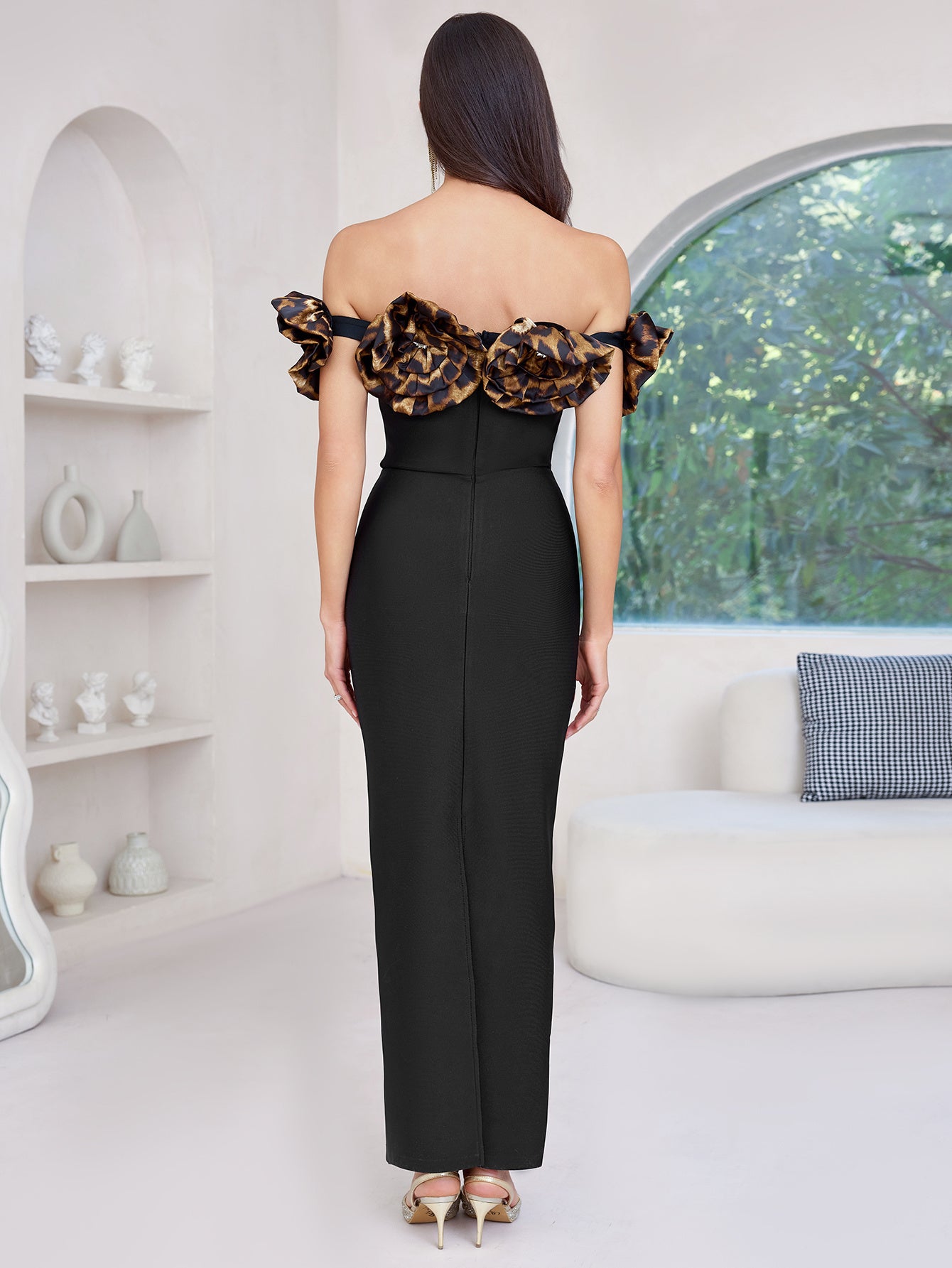 Black Off-Shoulder Leopard Ruffle Gown