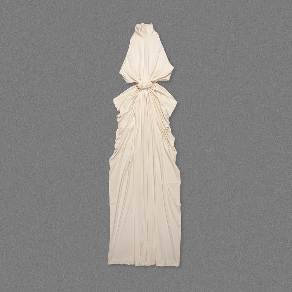 Cream Halter Cutout Ruched Maxi Gown