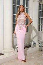 Teal/Pink/Red Halter Neck Floral Sequin Gown