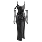 Black Sequin Cold-Shoulder Gown with Fishnet Gloves