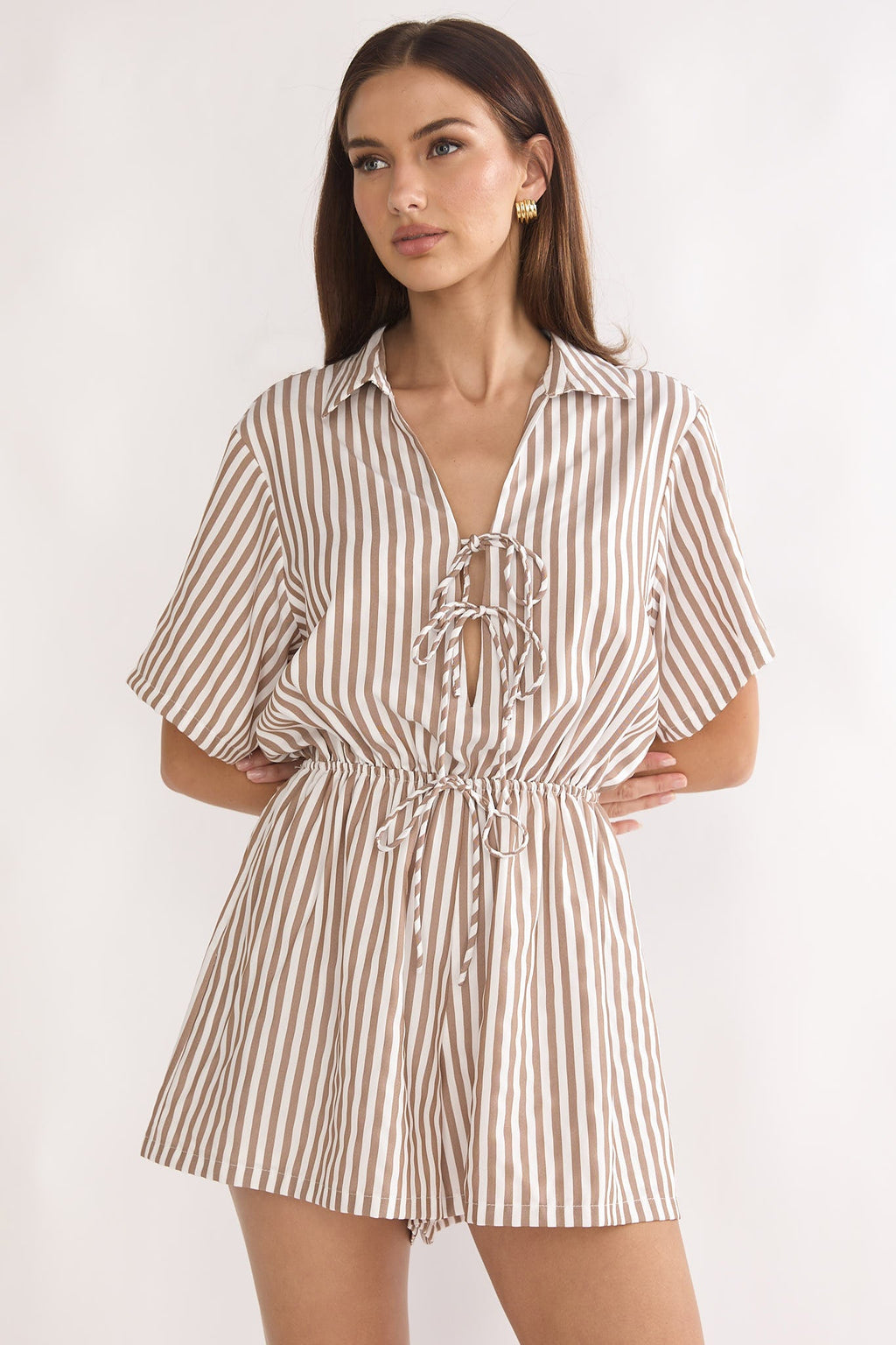 Devon Tie Front Romper Stripe Chocolate