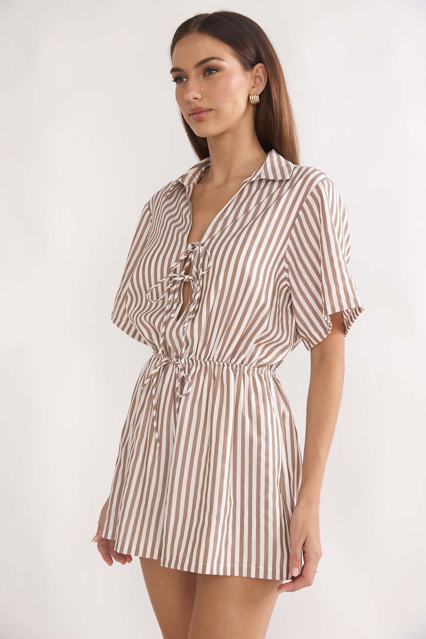 Devon Tie Front Romper Stripe Chocolate