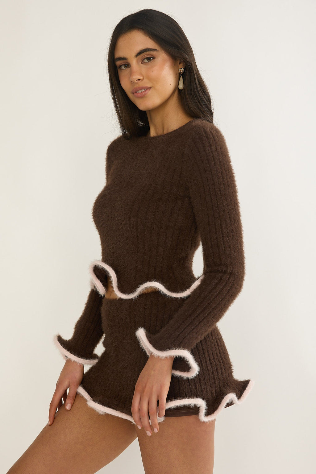 Pailin Lettuce Edge Knit Top Brown