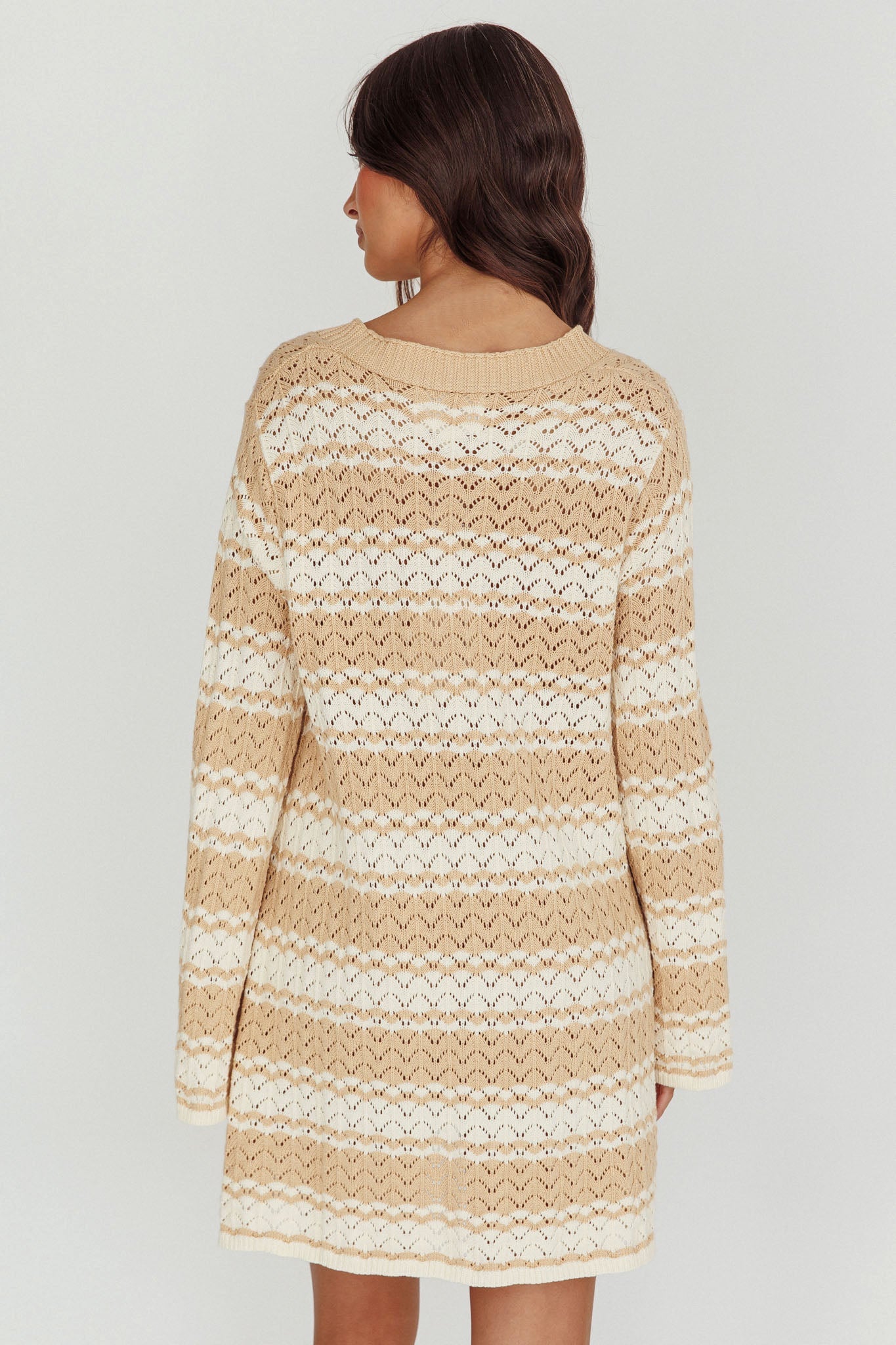 Maysah Button-Up Knit Shirt Dress Nude Ivory