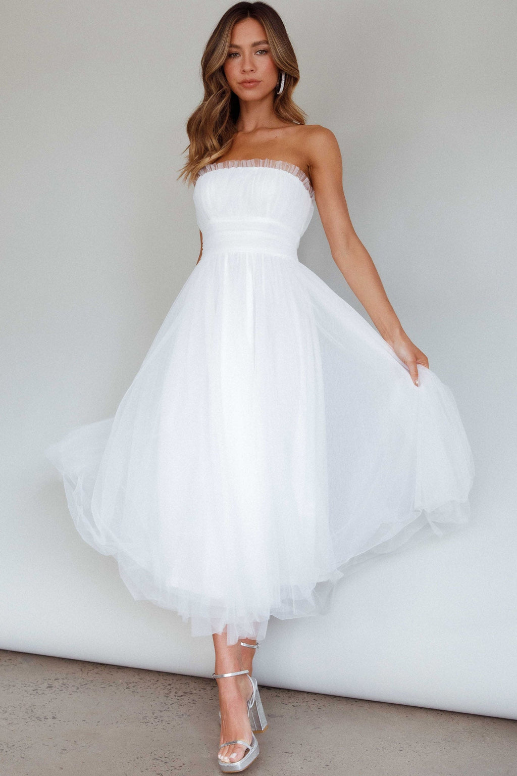 Fayette Strapless Mesh Midi Dress White